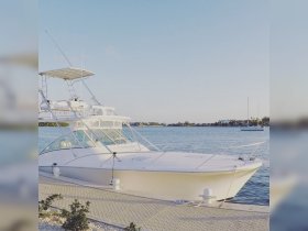A sleek yacht docked by the water, showcasing its elegant design against a serene backdrop — perfect for luxury charters and fishing trips.