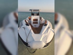 A sleek speedboat anchored in shallow waters, showcasing its modern design and comfortable seating — perfect for thrilling adventures on the water.