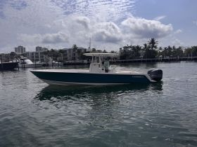 A sleek speedboat navigates the water, showcasing its vibrant design against a backdrop of luxury homes and palm trees — perfect for thrilling water adventures.