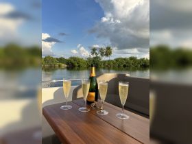 A beautifully arranged table with champagne flutes and a bottle of Veuve Clicquot, set against a serene water backdrop — perfect for celebrating special moments on the water.