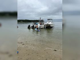 A group enjoys a day on the water with paddleboarding and fishing, surrounded by boats at the beach — perfect for summer adventures and water activities.