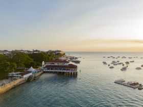 A picturesque sunset view of a bustling harbor with numerous boats anchored, showcasing the vibrant atmosphere of coastal life.