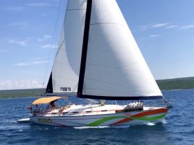A vibrant sailboat named KIGO glides through clear waters, showcasing its colorful design and sails — perfect for sailing enthusiasts and adventure seekers.