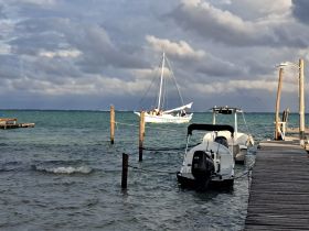 A sailboat with a group of people navigates the ocean, creating a picturesque scene at the dock — perfect for sailing adventures and coastal exploration.