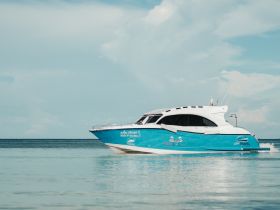 A sleek speedboat glides through calm waters, showcasing its vibrant blue design — perfect for exploring coastal destinations.