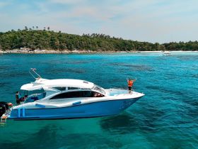 A joyful moment on a boat with a person celebrating in a life jacket, surrounded by stunning turquoise waters and lush greenery — perfect for adventure seekers and island explorers.