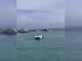A small boat navigates through a lively harbor filled with other vessels, showcasing the vibrant boating scene and on-water activities.