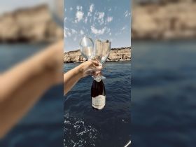 A hand holds a bottle of champagne and two glasses against a stunning coastal backdrop, perfect for celebrating special moments on the water.