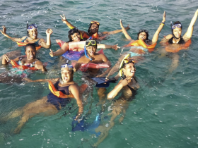A lively group enjoys snorkeling in clear waters, showcasing the joy of underwater adventures and group fun.