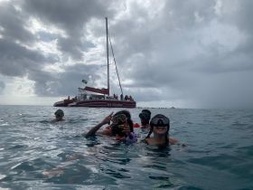 A lively group enjoys snorkeling in the ocean with the 'Sea Dreamer' catamaran in the background, capturing the essence of adventure on the water.