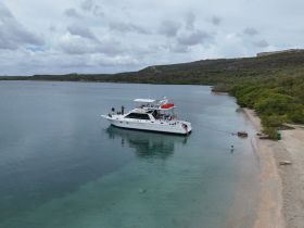 A yacht is anchored near a sandy beach, with guests enjoying the water and relaxing in a picturesque setting — perfect for a day of fun and adventure.