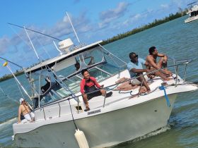 A group of friends enjoys a day on the water aboard a fishing boat, soaking up the sun and creating unforgettable memories.