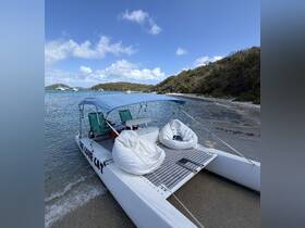 A serene view of 'The Cove Cat' catamaran docked on a sandy beach, surrounded by tranquil waters and lush greenery — perfect for a relaxing day on the water.