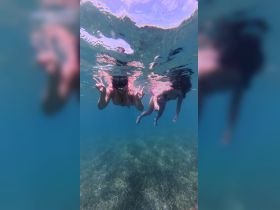 Two friends enjoy snorkeling underwater, showcasing the vibrant marine life and clear waters — a perfect moment for adventure seekers.