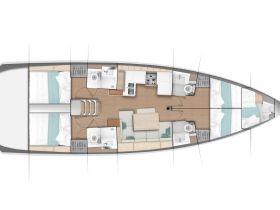 A detailed layout of a boat's interior, showcasing spacious cabins, a dining area, and essential amenities, perfect for comfortable cruising.