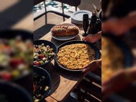 A beautifully arranged spread of delicious dishes, including risotto and fresh salads, perfect for onboard dining experiences. Ideal for gatherings and celebrations on the water.
