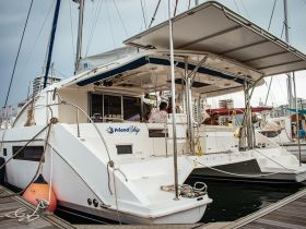 A sleek catamaran named 'FriendShip' docked at the marina, showcasing its spacious design and inviting atmosphere for group outings.