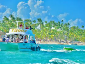 A lively boat trip with guests enjoying the sun and sea, set against a backdrop of palm trees and a beautiful beach — perfect for tropical adventures.