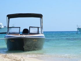 A sleek speedboat named 'Bella' is docked on a sandy beach, showcasing its elegant design against the clear blue waters.