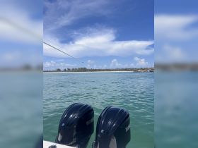 A clear view of twin Yamaha outboard motors on a boat, with tranquil waters and a scenic backdrop, perfect for boating enthusiasts and those looking to explore the open sea.