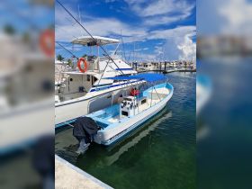 A fishing boat docked at the marina, showcasing its sleek design and vibrant colors against a clear blue sky — perfect for a day on the water.