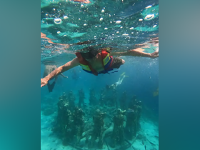 A snorkeler explores an underwater scene filled with marine life and submerged sculptures, showcasing the beauty of snorkeling adventures.