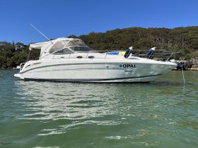 A sleek yacht named 'Opal' docked in calm waters, showcasing its elegant design against a backdrop of lush greenery.