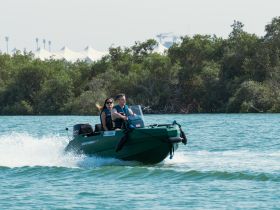 A couple enjoys a thrilling ride on a speedboat through mangrove waters, showcasing the excitement of on-water adventures.