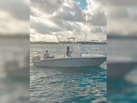 Two individuals enjoy a fishing trip aboard the 'Salty Tale' boat, navigating through shimmering waters under a cloudy sky.