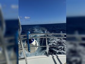 A view from the deck of a boat, showcasing the wake and open ocean under a clear blue sky — perfect for showcasing the beauty of a day on the water.