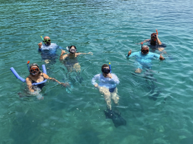 A lively group enjoys snorkeling in crystal-clear waters, showcasing the fun and excitement of underwater exploration.