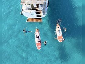 A lively scene featuring a group enjoying paddleboarding and swimming in crystal-clear waters, with a boat in the background, perfect for a fun day on the water.