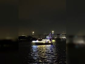A beautifully decorated yacht illuminated with festive lights glides through the water at night, showcasing a stunning view against the backdrop of a bridge.