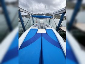 Interior view of a spacious boat featuring comfortable seating and a well-equipped helm, ideal for day trips and water adventures.