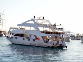 The 'Mr. Diver' yacht is seen docked amidst a fleet of boats, showcasing its sleek design and inviting atmosphere for diving adventures.