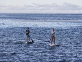 A boy and a girl enjoy paddleboarding in calm waters, showcasing a fun day of water activities perfect for families and adventure seekers.