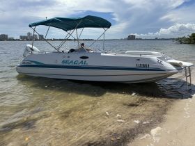 A sleek speedboat named 'SEAGAL' docked on the shore, showcasing its design against a scenic waterfront backdrop.