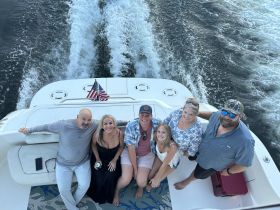 A lively group of friends enjoys a fun day on the water, capturing memories aboard their boat. Perfect for celebrations and gatherings on the water.