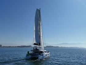 A sleek catamaran sails smoothly across the water, showcasing its elegant design against a stunning coastal backdrop.