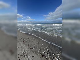 A serene beach scene featuring gentle waves and a clear blue sky, perfect for capturing the tranquility of coastal landscapes.