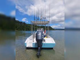 A rear view of a fishing boat equipped with multiple fishing rods, showcasing its readiness for a day on the water. The serene backdrop highlights the boat's features against a picturesque landscape.