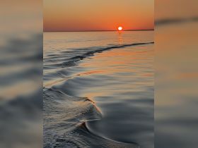 A serene sunset over calm waters, showcasing the beautiful reflections and gentle waves — perfect for capturing the tranquility of a day on the water.