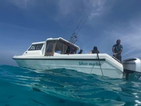 A group of friends aboard the 'Silver Marlin' boat, enjoying a fishing trip in crystal-clear waters — perfect for adventure seekers and fishing enthusiasts.
