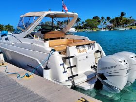 A well-maintained Wellcraft yacht named 'Osiris' docked at a marina, showcasing its sleek design and inviting seating area.