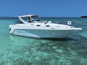 A Wellcraft boat anchored in crystal-clear waters, showcasing its sleek design and perfect for a day of adventure on the water.