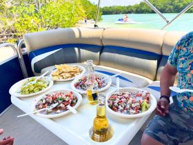A delicious spread of ceviche, guacamole, and chips served on a boat, perfect for enjoying a sunny day on the water with friends.
