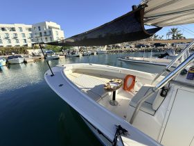 A detailed view of the interior of a boat, showcasing the seating and helm area, perfect for a comfortable day on the water.