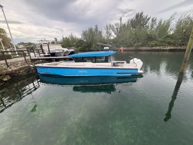 A sleek blue boat named 'ONYX' docked in calm waters, surrounded by lush greenery — perfect for a day on the water.