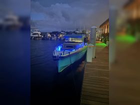 A beautifully lit boat docked at night, showcasing its sleek design and vibrant colors, perfect for evening outings on the water.