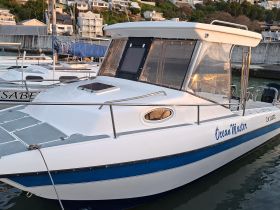 A clear view of the 'Ocean Master' boat docked at the marina, showcasing its sleek design and structure, perfect for fishing or leisure outings.